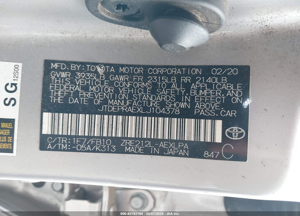 2020 TOYOTA COROLLA VIN: JTDEPRAEXLJ104378