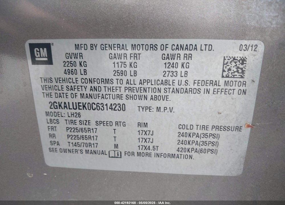 2012 GMC TERRAIN VIN: 2GKALUEK0C6314230