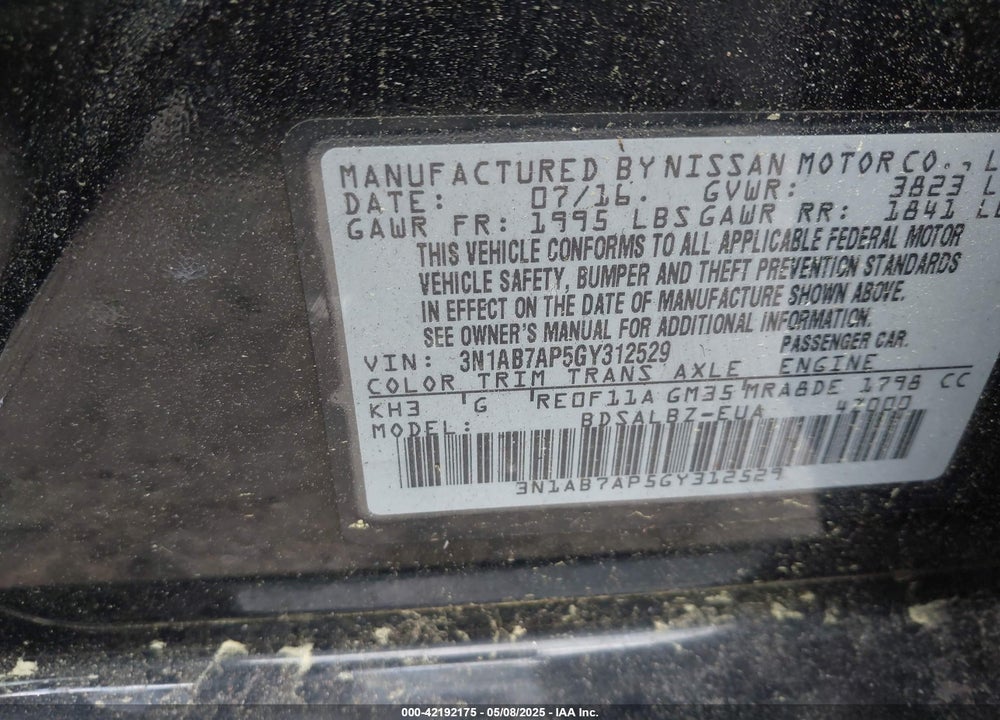 2016 NISSAN SENTRA VIN: 3N1AB7AP5GY312529