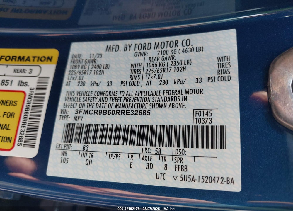2024 FORD BRONCO SPORT VIN: 3FMCR9B60RRE32685