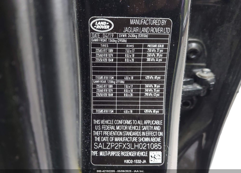 2020 LAND ROVER RANGE ROVER EVOQUE VIN: SALZP2FX3LH021085