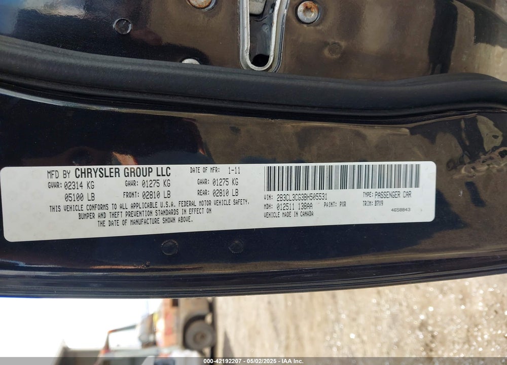 2011 DODGE CHARGER VIN: 2B3CL3CG3BH505531