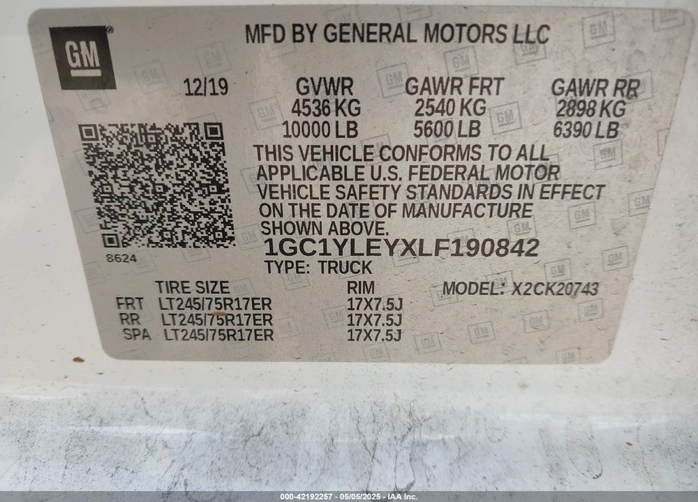 2020 CHEVROLET SILVERADO 2500HD 4WD STANDARD BED WT VIN: 1GC1YLEYXLF190842