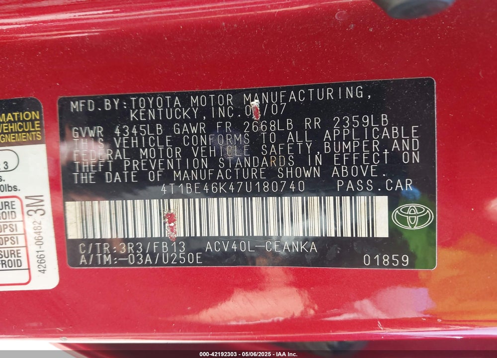 2007 TOYOTA CAMRY LE VIN: 4T1BE46K47U180740