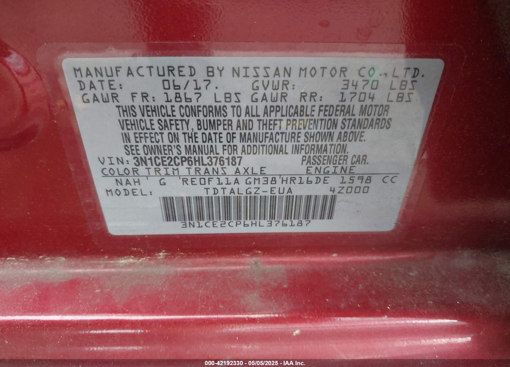 2017 NISSAN VERSA NOTE VIN: 3N1CE2CP6HL376187