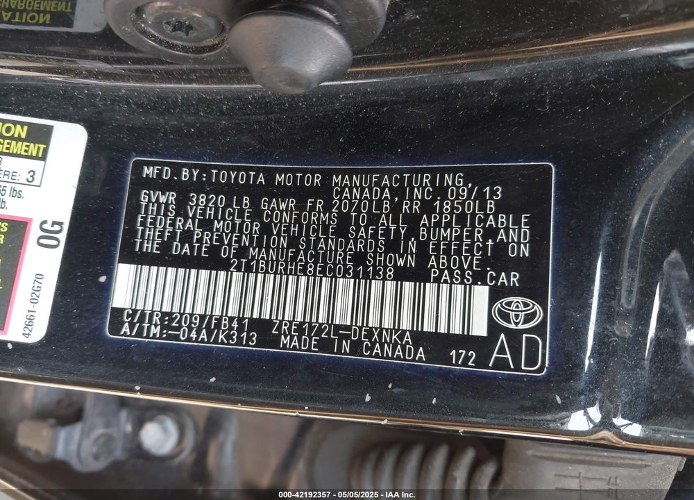 2014 TOYOTA COROLLA VIN: 2T1BURHE8EC031138
