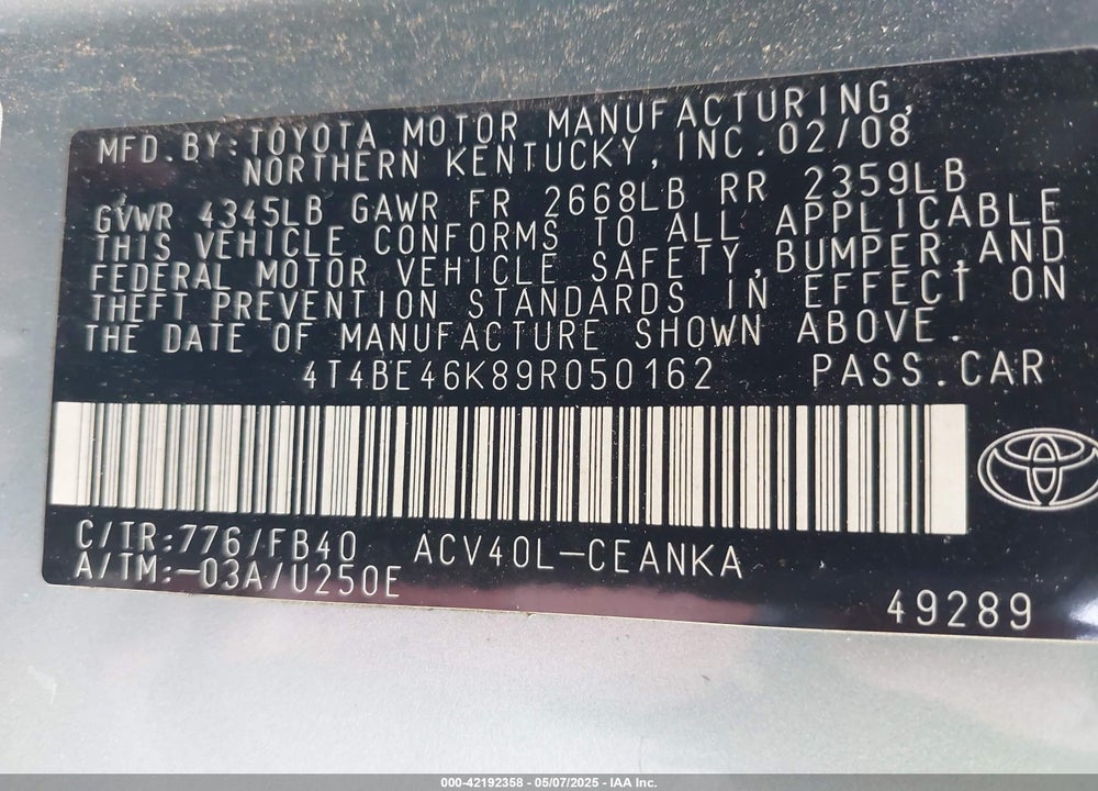 2009 TOYOTA CAMRY VIN: 4T4BE46K89R050162