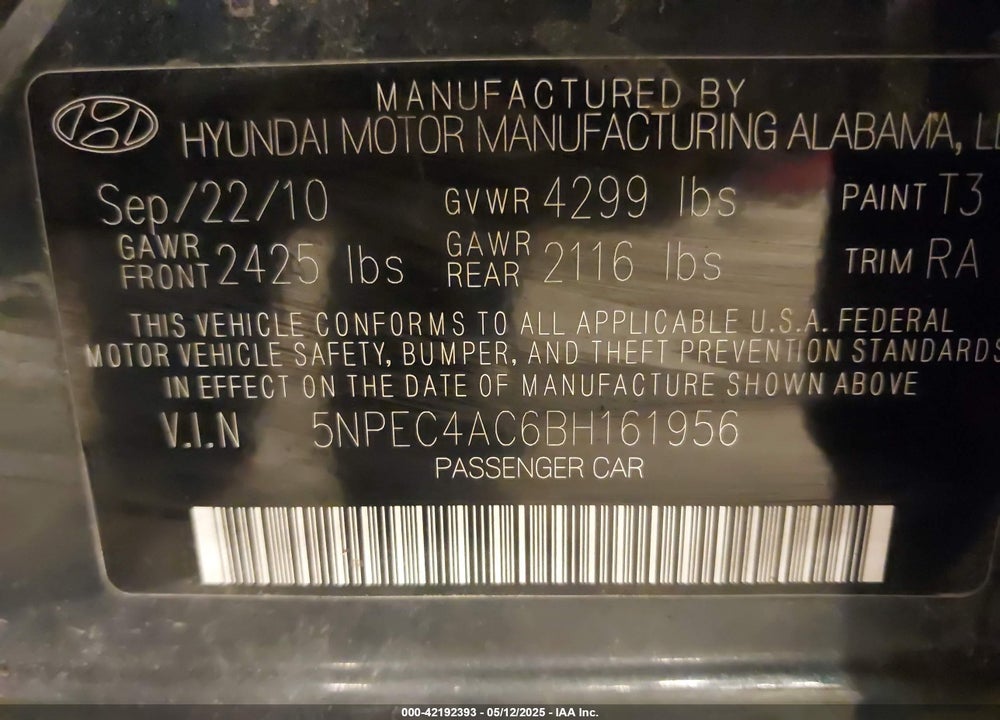 2011 HYUNDAI SONATA VIN: 5NPEC4AC6BH161956