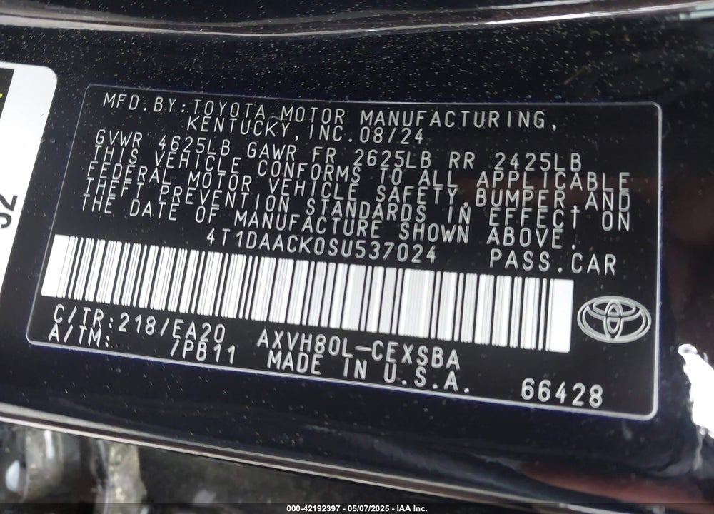 2025 TOYOTA CAMRY VIN: 4T1DAACK0SU537024
