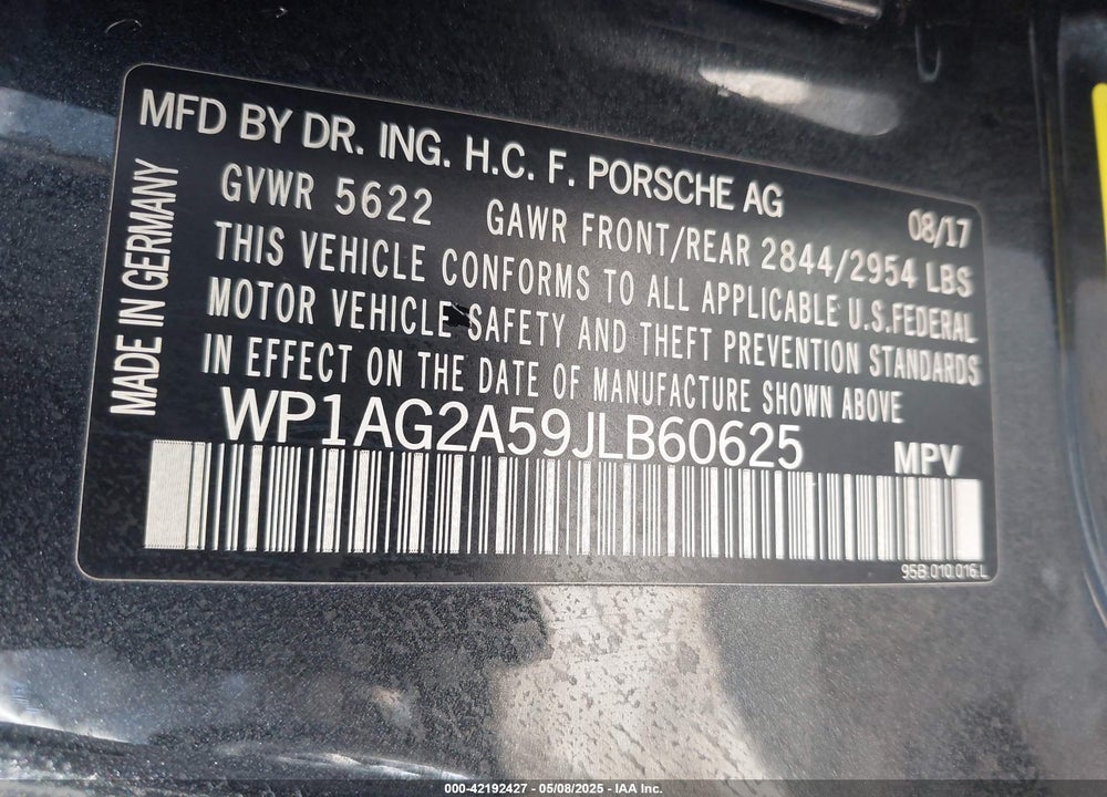 2018 PORSCHE MACAN GTS VIN: WP1AG2A59JLB60625