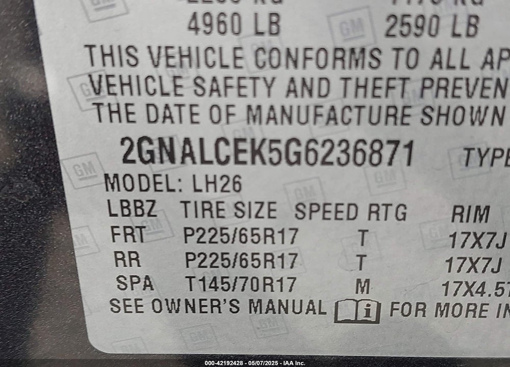 2016 CHEVROLET EQUINOX VIN: 2GNALCEK5G6236871