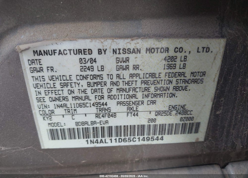 2005 NISSAN ALTIMA 2.5 S VIN: 1N4AL11D65C149544