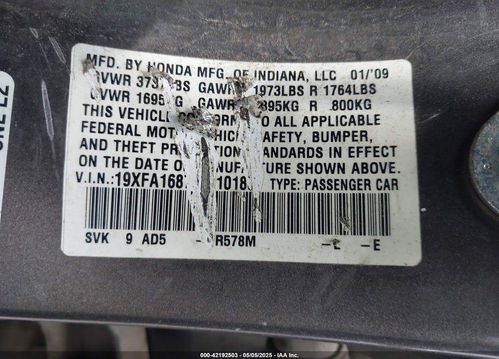 2009 HONDA CIVIC VIN: 19XFA16879E010183