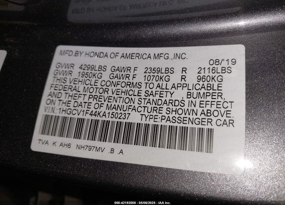 2019 HONDA ACCORD EX VIN: 1HGCV1F44KA150237