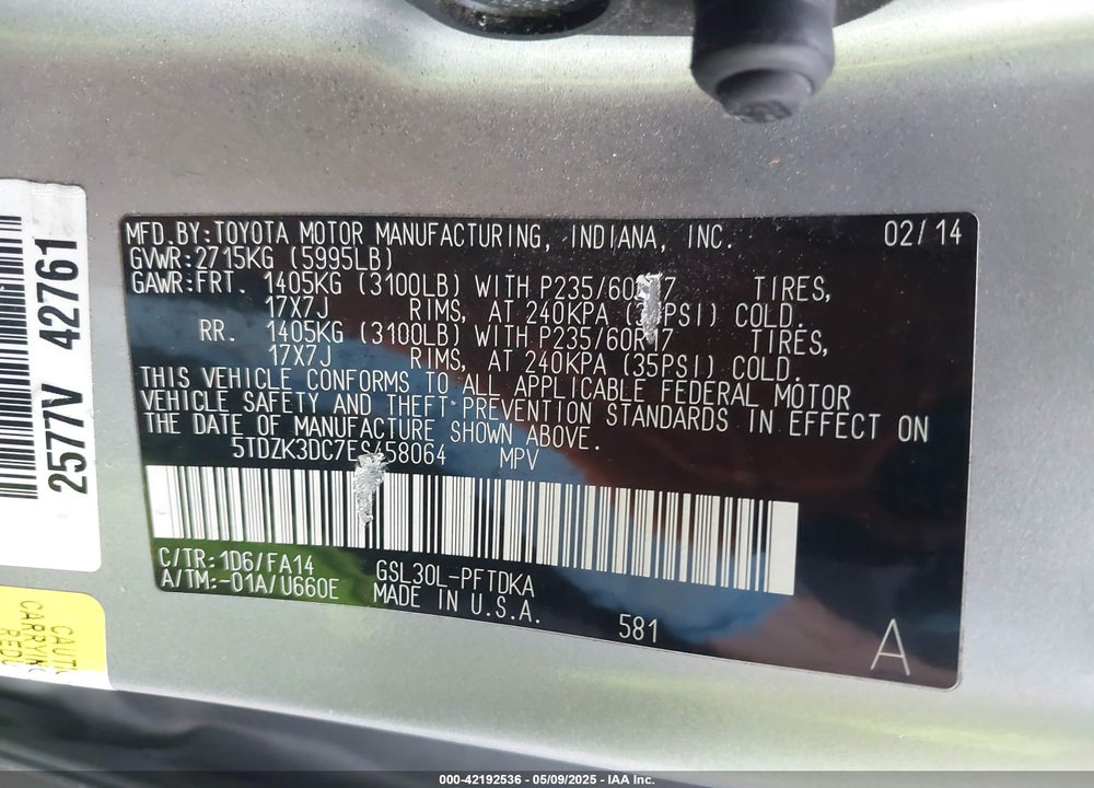 2014 TOYOTA SIENNA VIN: 5TDZK3DC7ES458064