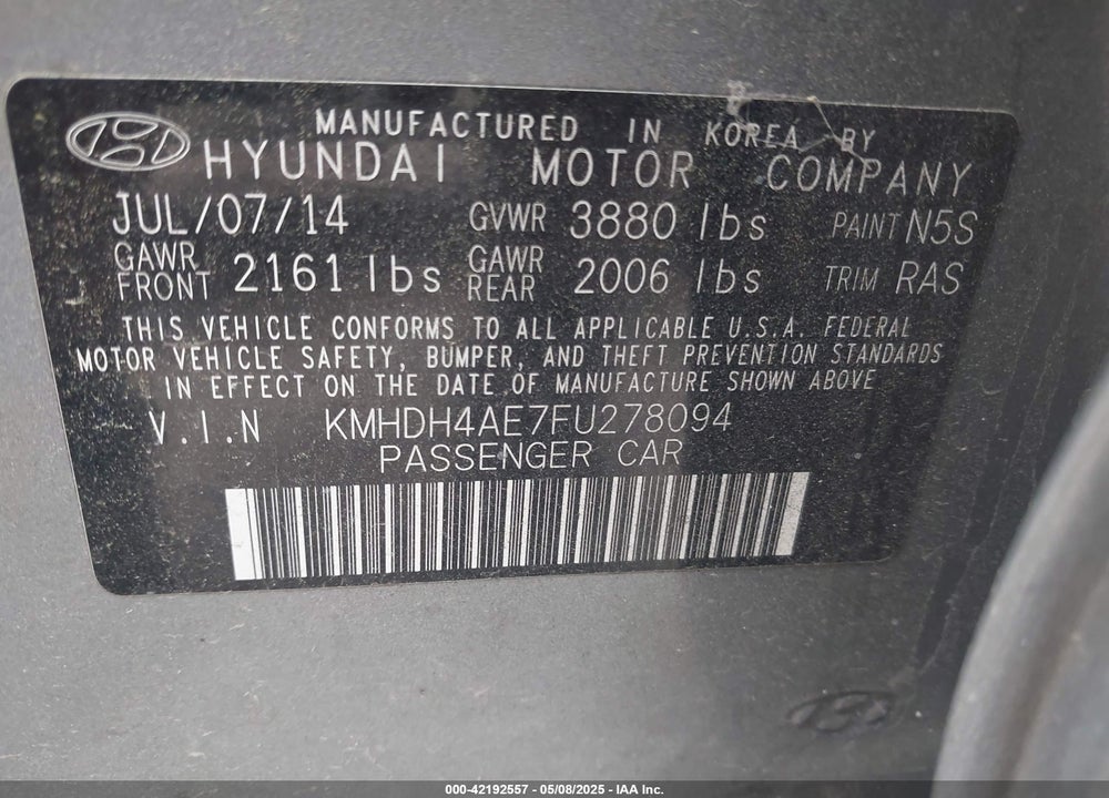 2015 HYUNDAI ELANTRA VIN: KMHDH4AE7FU278094
