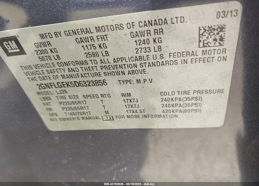 2013 CHEVROLET EQUINOX LTZ VIN: 2GNFLGEK5D6323856
