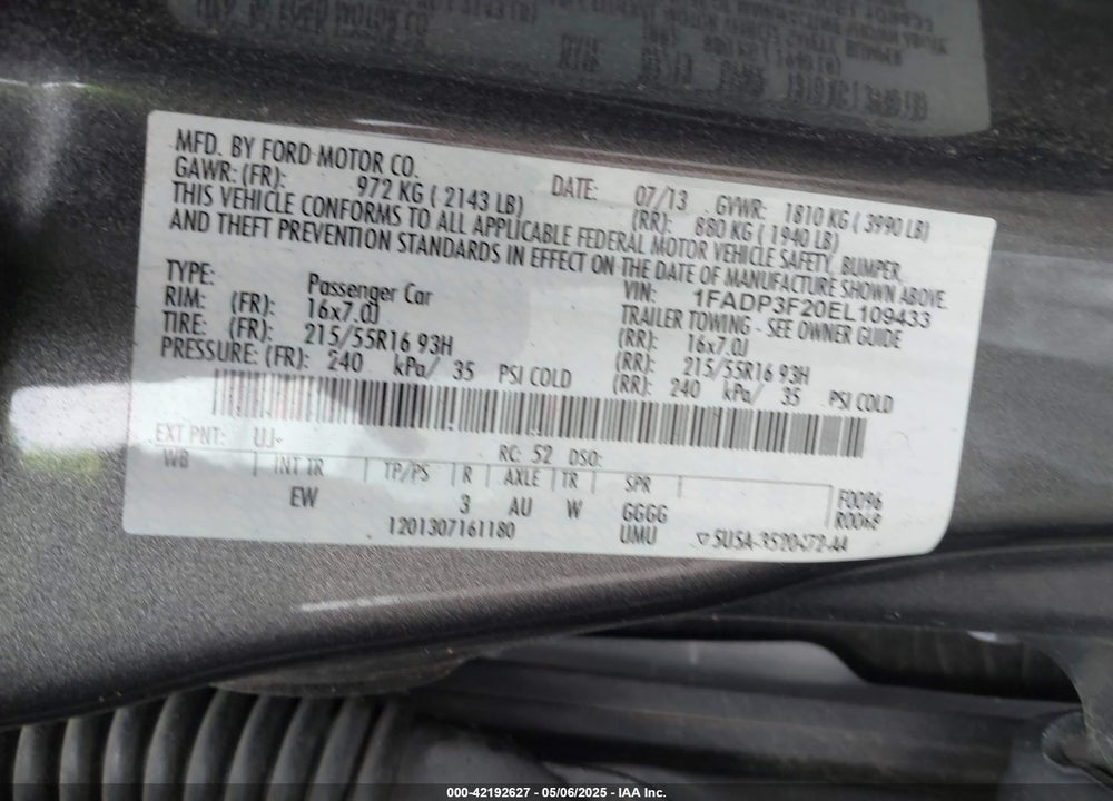 2014 FORD FOCUS VIN: 1FADP3F20EL109433