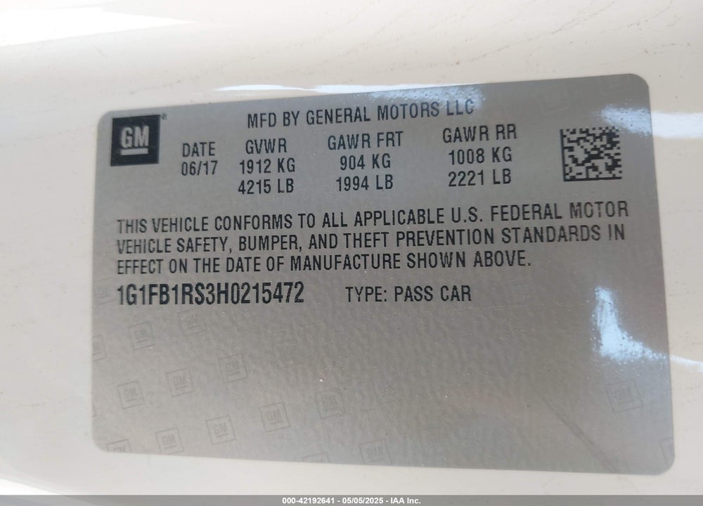 2017 CHEVROLET CAMARO VIN: 1G1FB1RS3H0215472