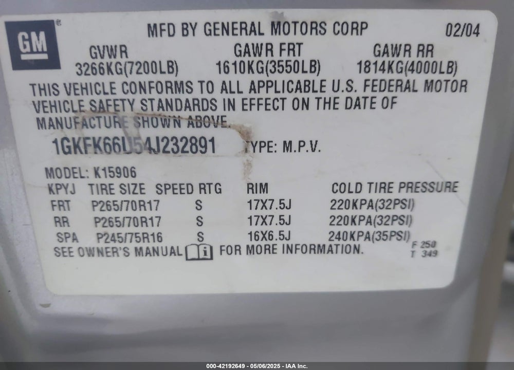 2004 GMC YUKON XL 1500 DENALI VIN: 1GKFK66U54J232891