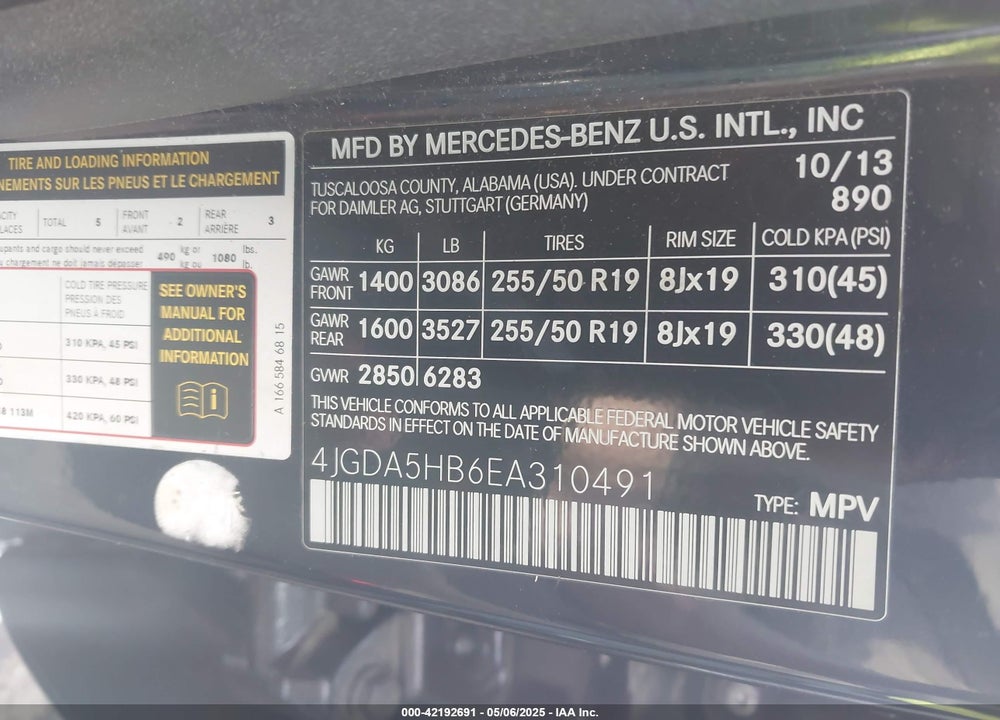 2014 MERCEDES-BENZ ML 350 VIN: 4JGDA5HB6EA310491