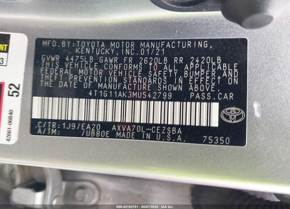 2021 TOYOTA CAMRY SE VIN: 4T1G11AK3MU542799