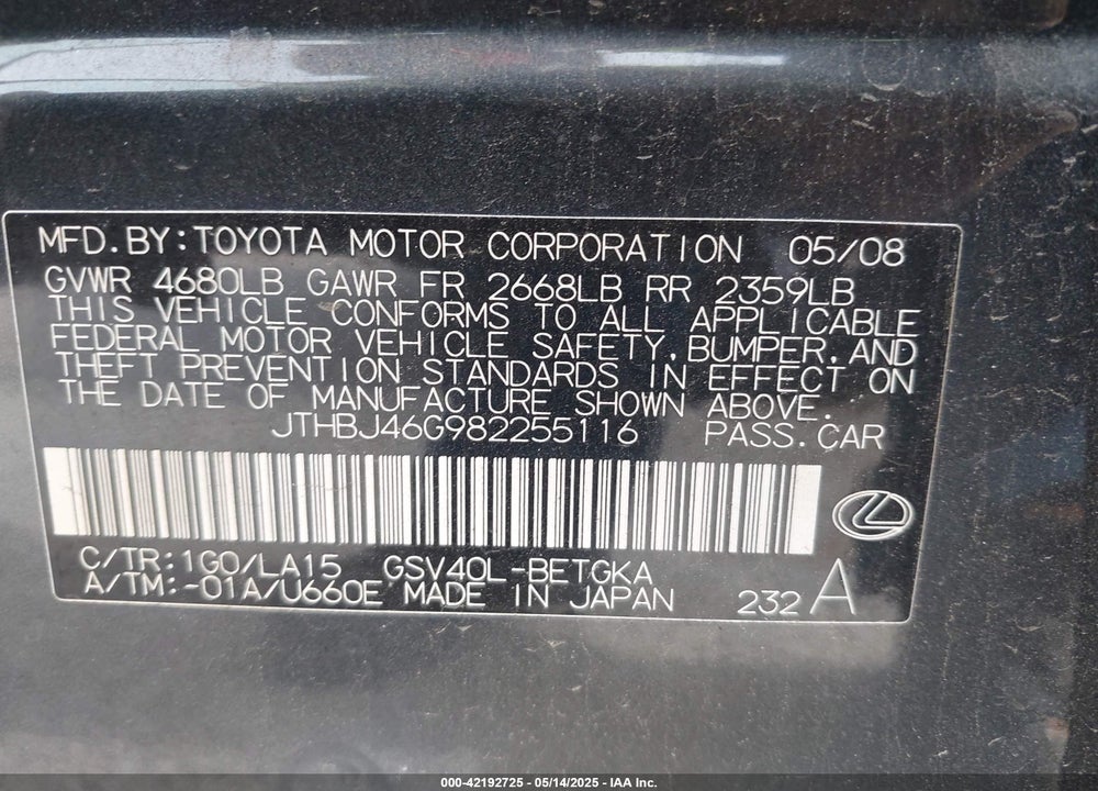 2008 LEXUS ES 350 VIN: JTHBJ46G982255116