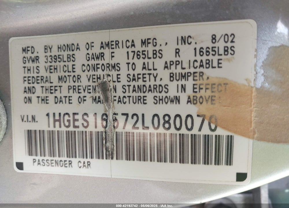 2002 HONDA CIVIC LX VIN: 1HGES16572L080070