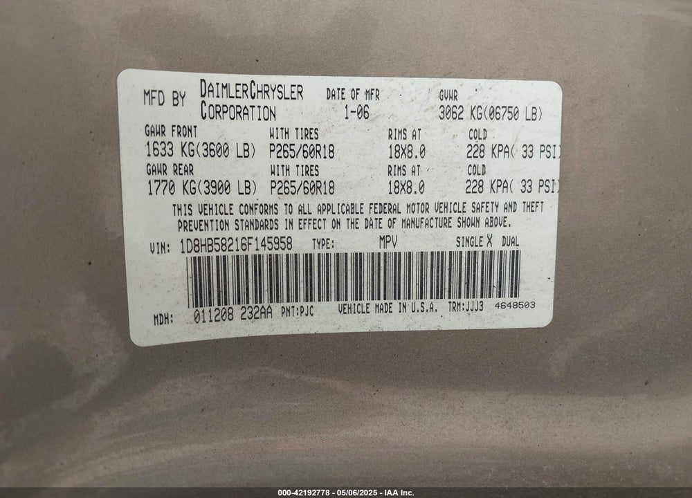 2006 DODGE DURANGO LIMITED VIN: 1D8HB58216F145958