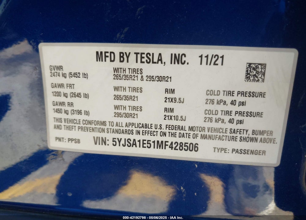 2021 TESLA MODEL S VIN: 5YJSA1E51MF428506
