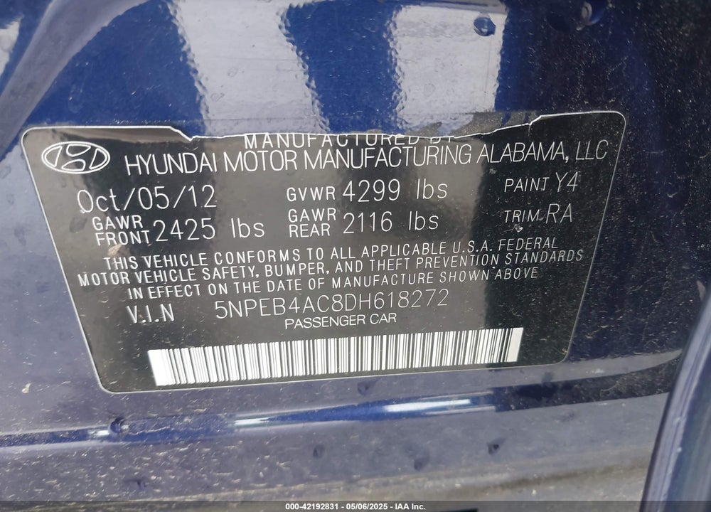 2013 HYUNDAI SONATA VIN: 5NPEB4AC8DH618272