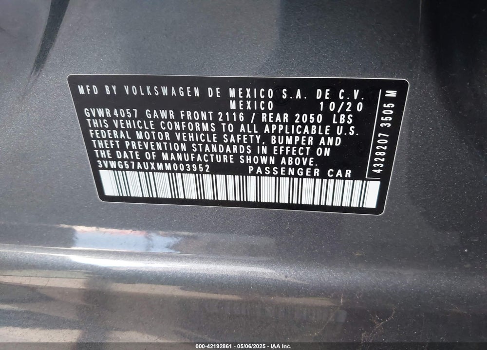 2021 VOLKSWAGEN GOLF 1.4T TSI VIN: 3VWG57AUXMM003952