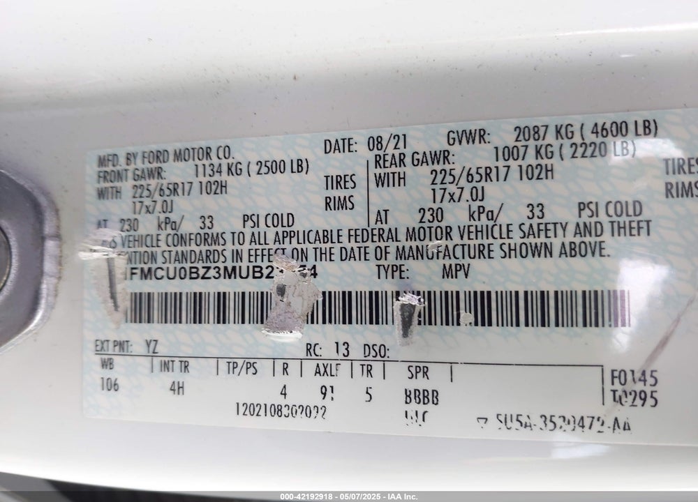 2021 FORD ESCAPE VIN: 1FMCU0BZ3MUB23654