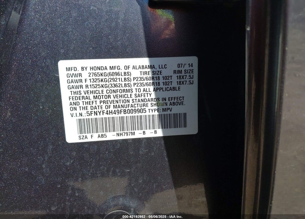 2015 HONDA PILOT EX VIN: 5FNYF4H49FB009905