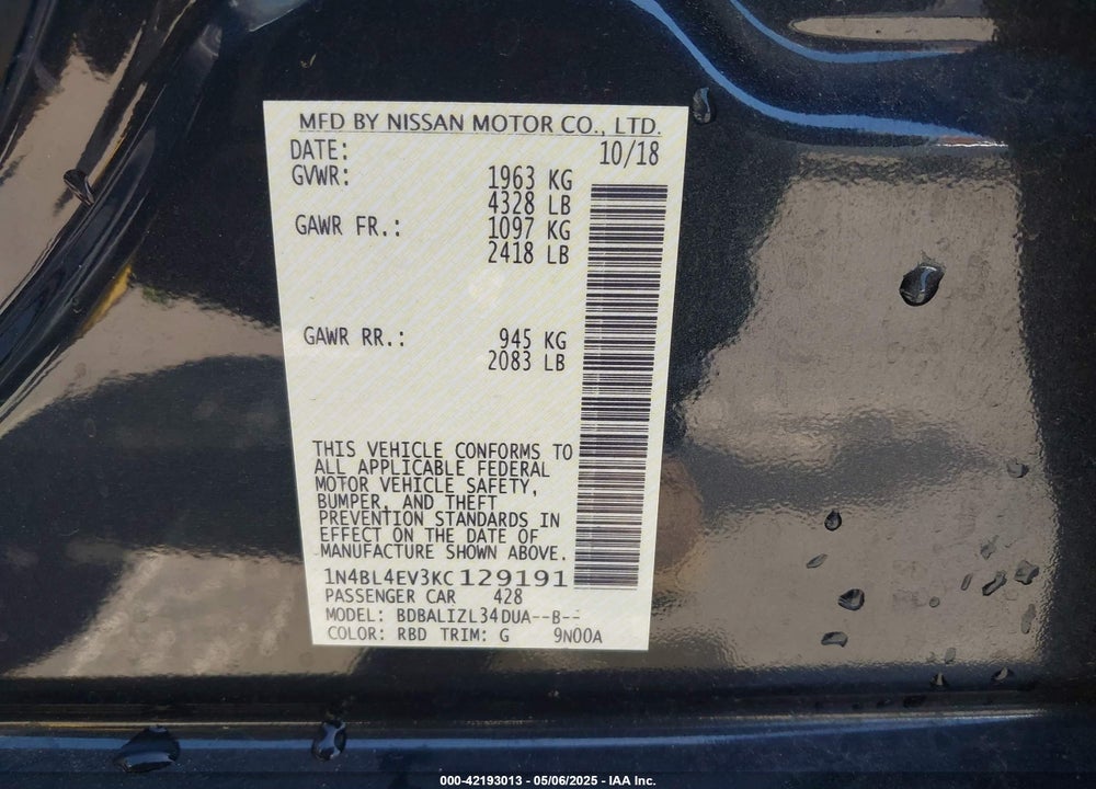 2019 NISSAN ALTIMA 2.5 SL VIN: 1N4BL4EV3KC129191