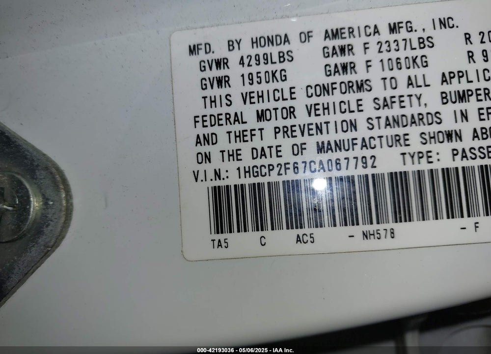 2012 HONDA ACCORD VIN: 1HGCP2F67CA067792