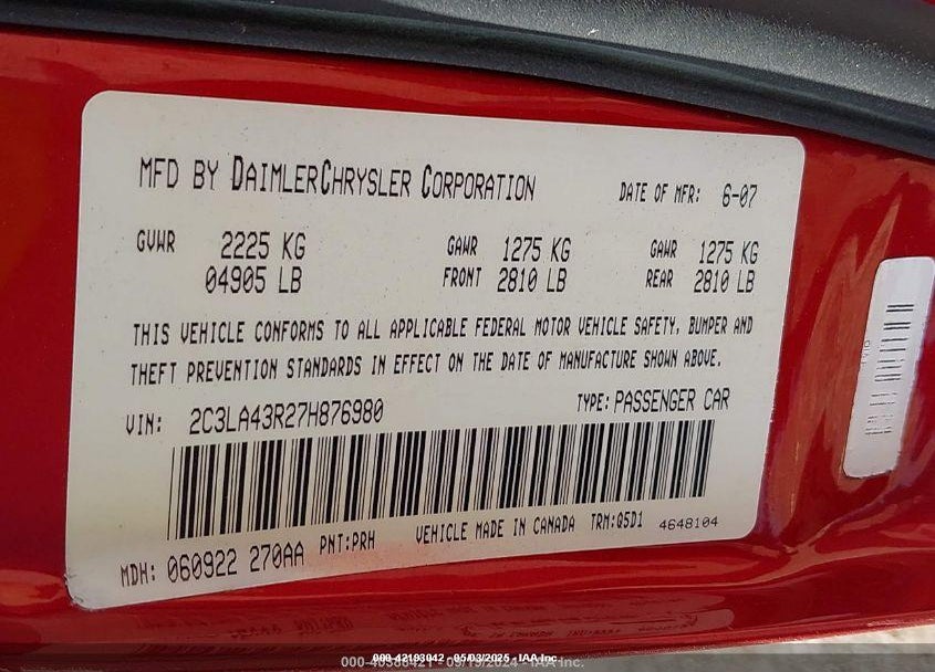 2007 CHRYSLER 300 VIN: 2C3LA43R27H876980