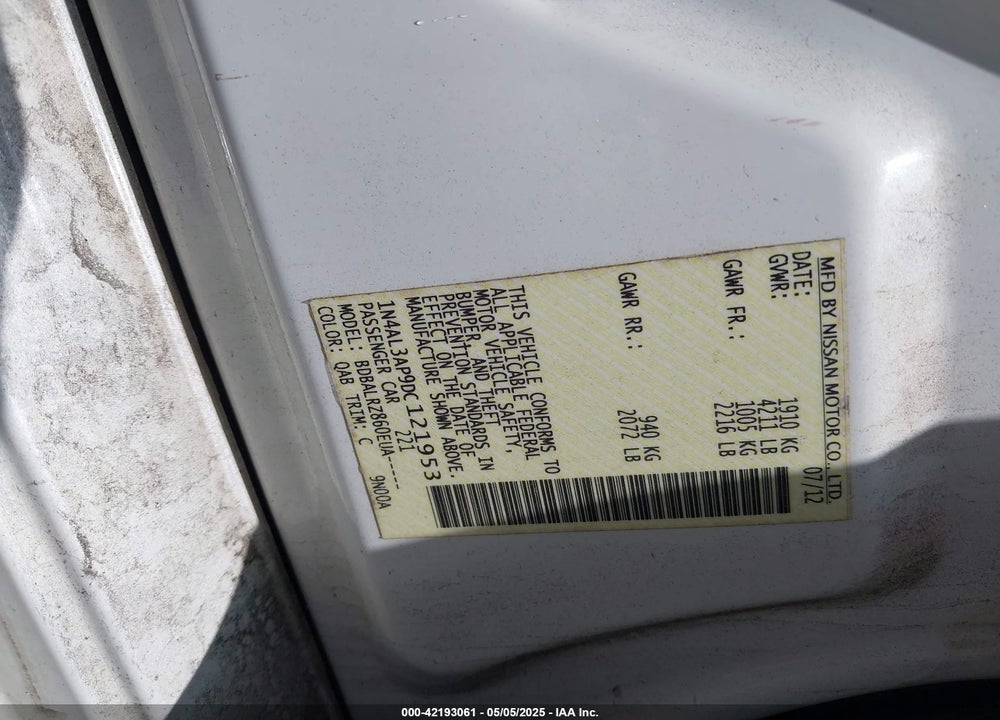 2013 NISSAN ALTIMA VIN: 1N4AL3AP9DC121953