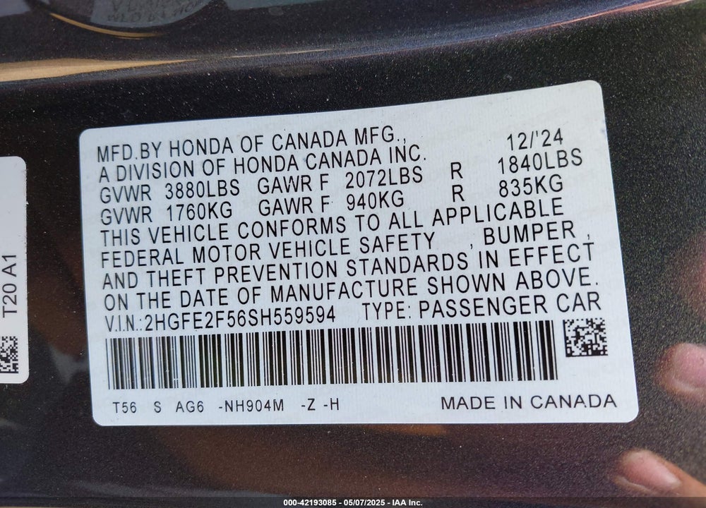 2025 HONDA CIVIC VIN: 2HGFE2F56SH559594