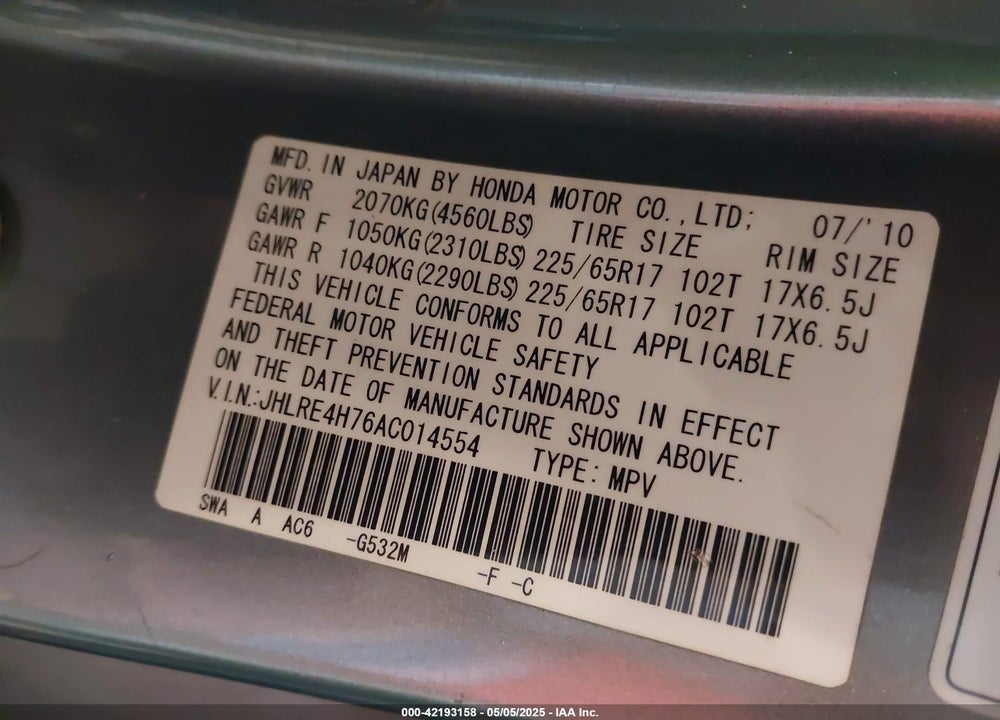 2010 HONDA CR-V EX-L VIN: JHLRE4H76AC014554