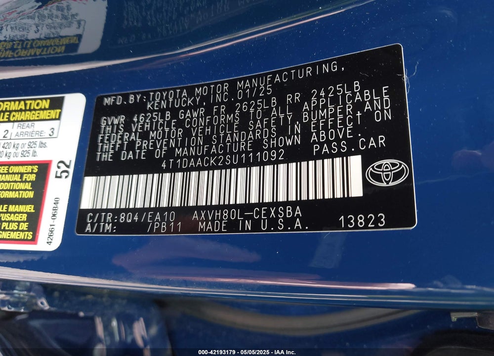 2025 TOYOTA CAMRY VIN: 4T1DAACK2SU111092