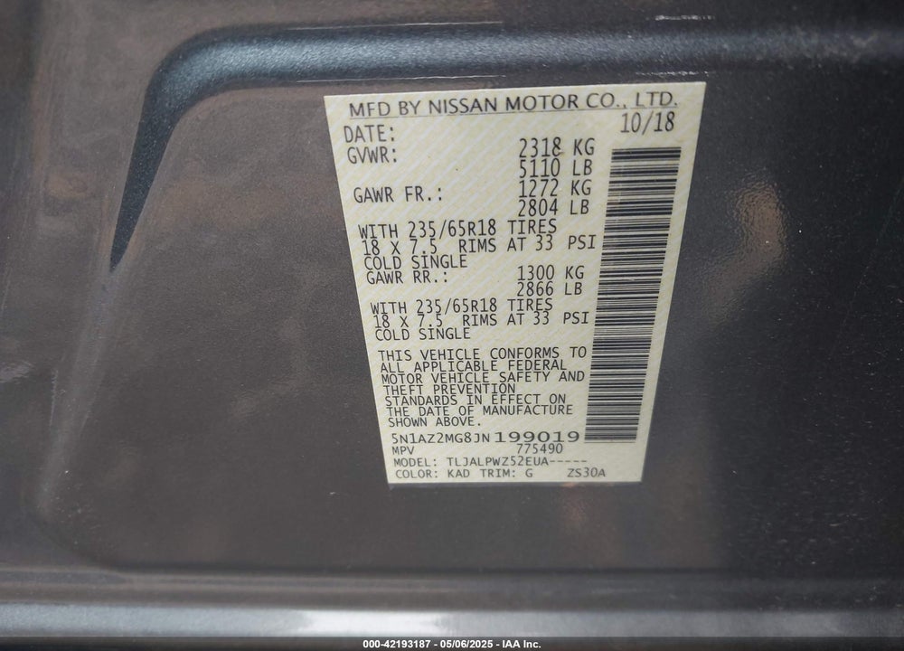 2018 NISSAN MURANO VIN: 5N1AZ2MG8JN199019