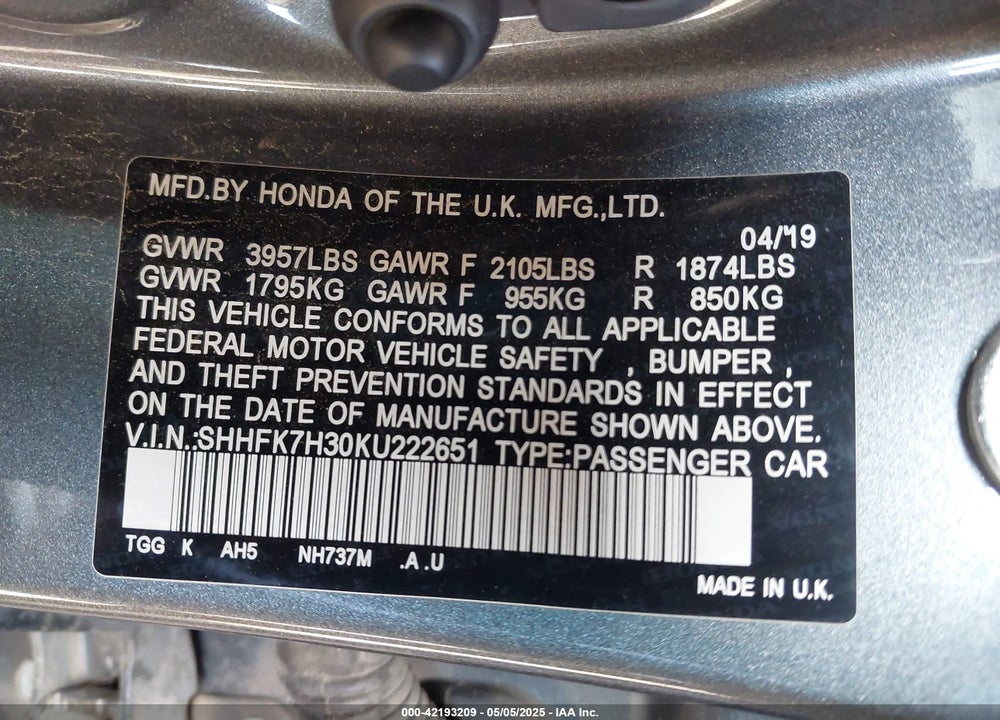 2019 HONDA CIVIC LX VIN: SHHFK7H30KU222651
