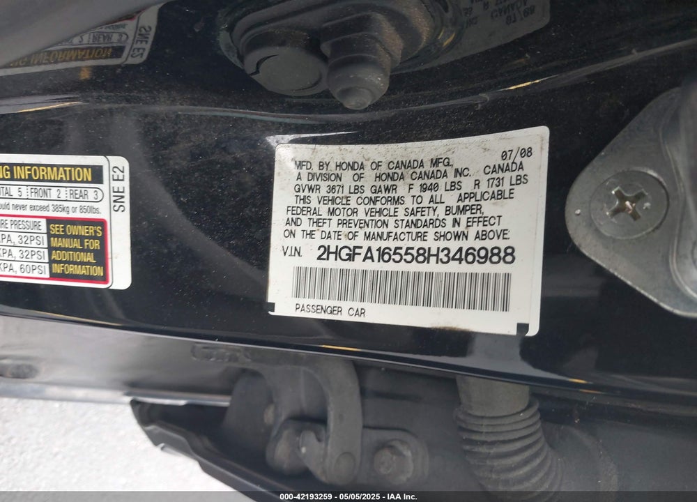 2008 HONDA CIVIC VIN: 2HGFA16558H346988