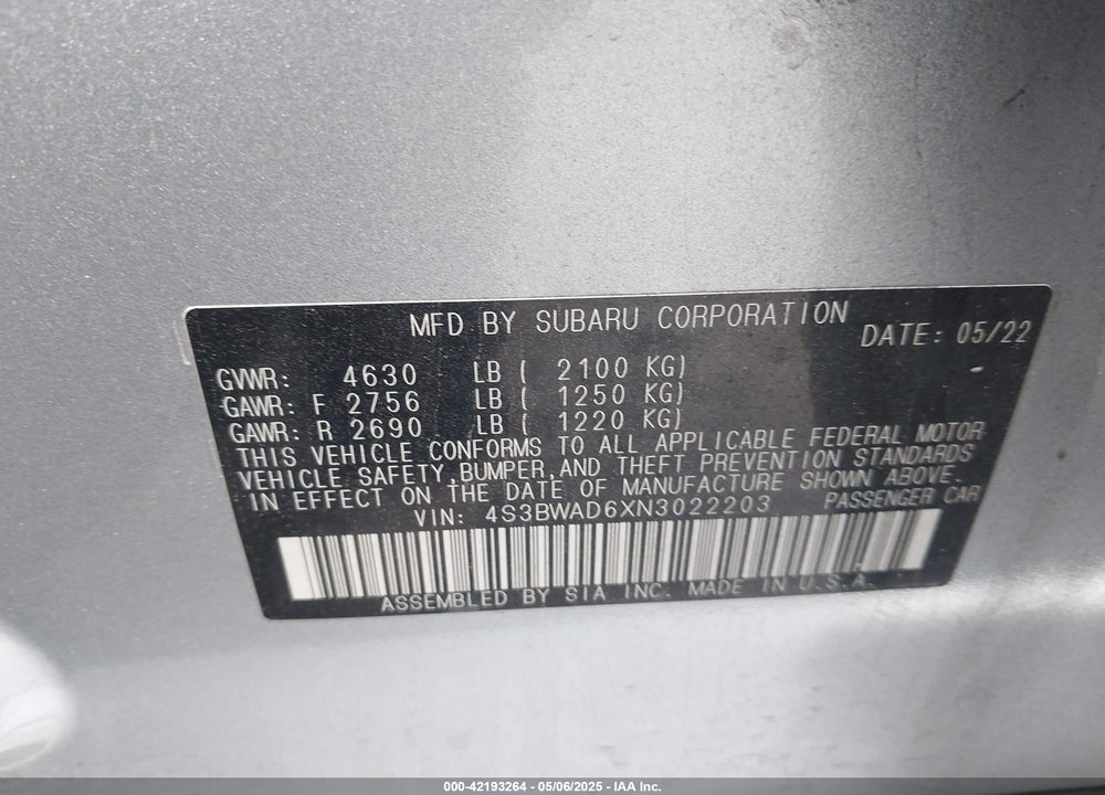 2022 SUBARU LEGACY VIN: 4S3BWAD6XN3022203