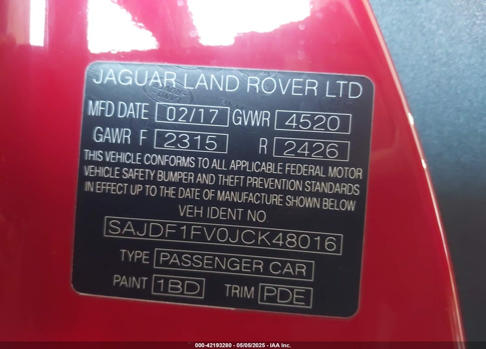 2018 JAGUAR F-TYPE R DYNAMIC VIN: SAJDF1FV0JCK48016