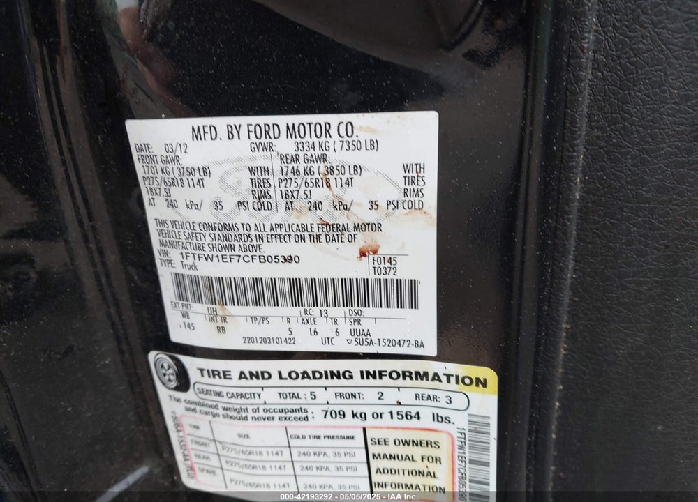 2012 FORD F-150 FX4 VIN: 1FTFW1EF7CFB05390