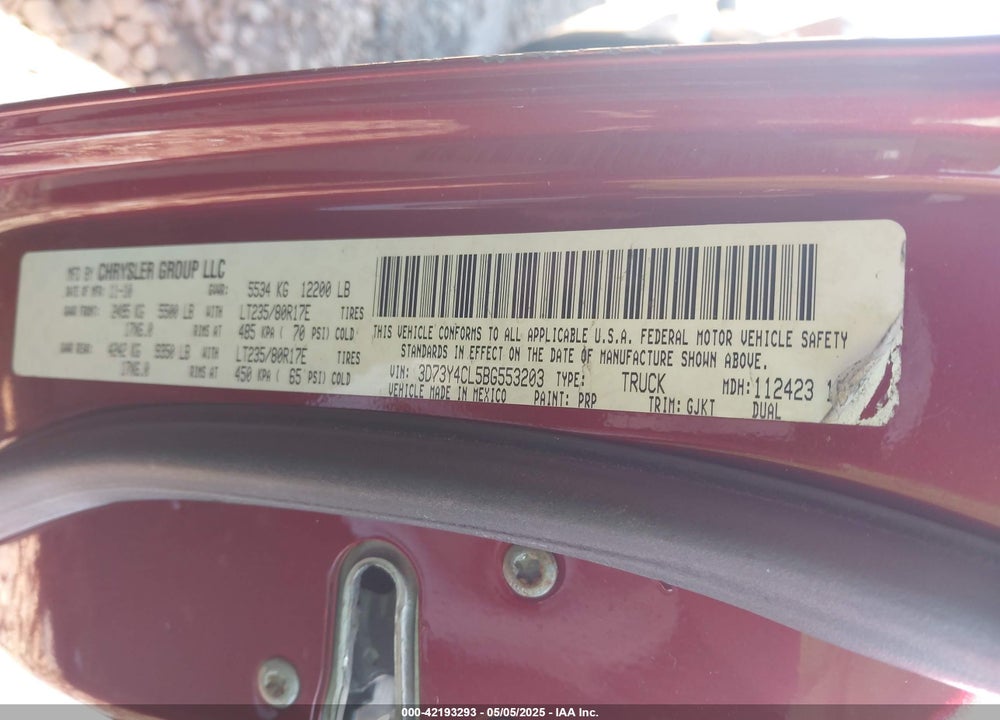2011 RAM 3500 LAIE VIN: 3D73Y4CL5BG553203