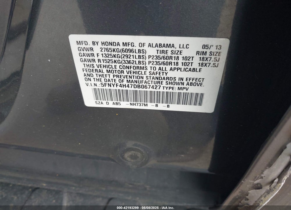 2013 HONDA PILOT VIN: 5FNYF4H47DB067427