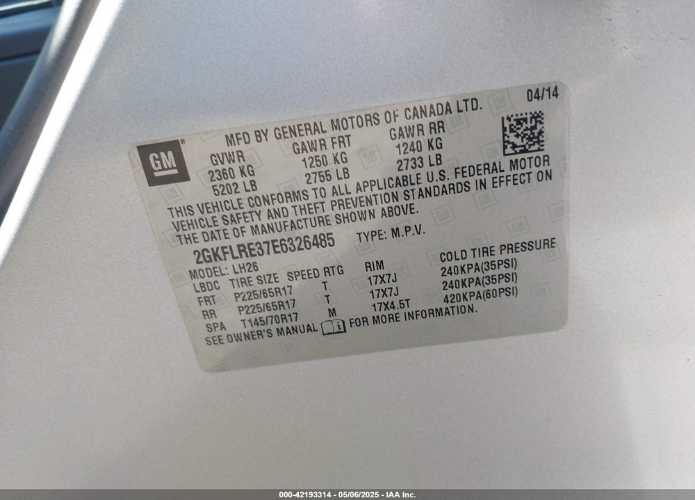 2014 GMC TERRAIN SLE-2 VIN: 2GKFLRE37E6326485